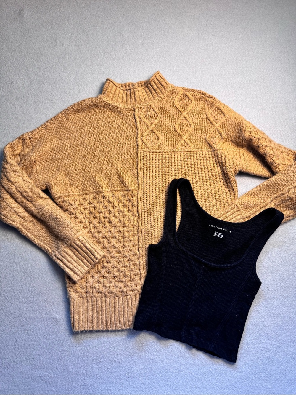 American Eagle Outfitters Patchwork Cable Turtleneck Sweater - Tan & Black